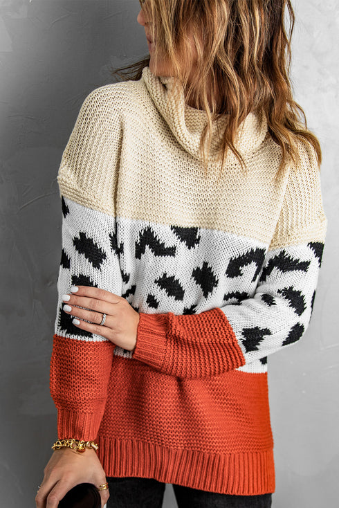 Turtleneck Splicing Chunky Knit Pullover Sweater